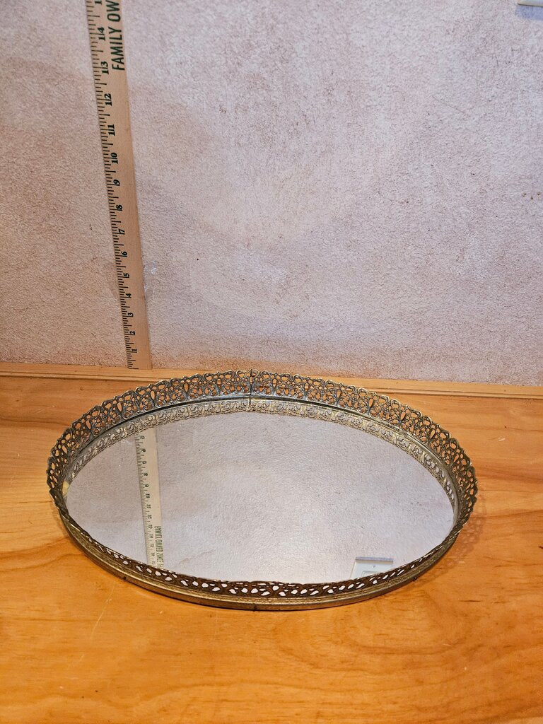 1940s Hollywood Regency Gold Gilt Boho Chic Filagree Gilded Vanity Mirrored Dresser Tray bathroom Art Deco Barware organizer