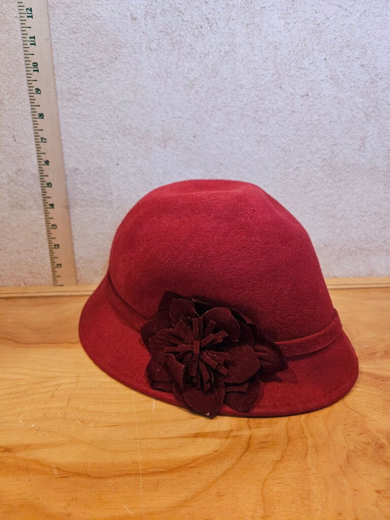 Red Wool Felt Hat with Flower Decoration