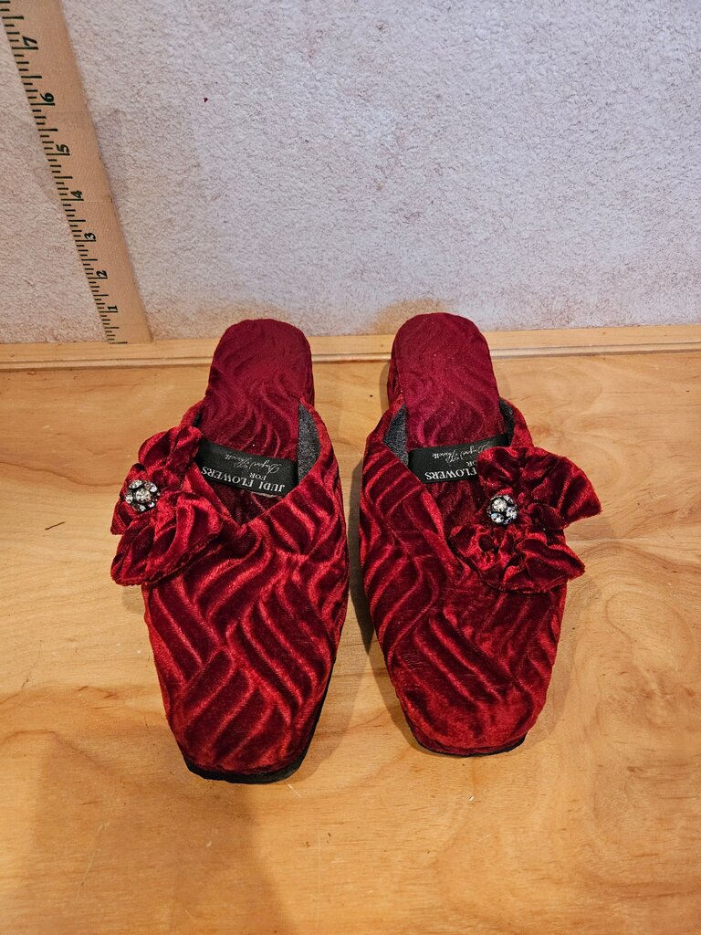 Red Velvet Slippers with Flower Detail
