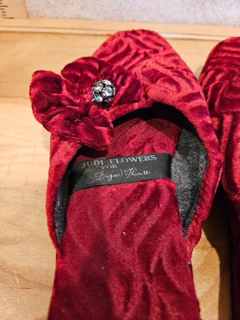 Red Velvet Slippers with Flower Detail