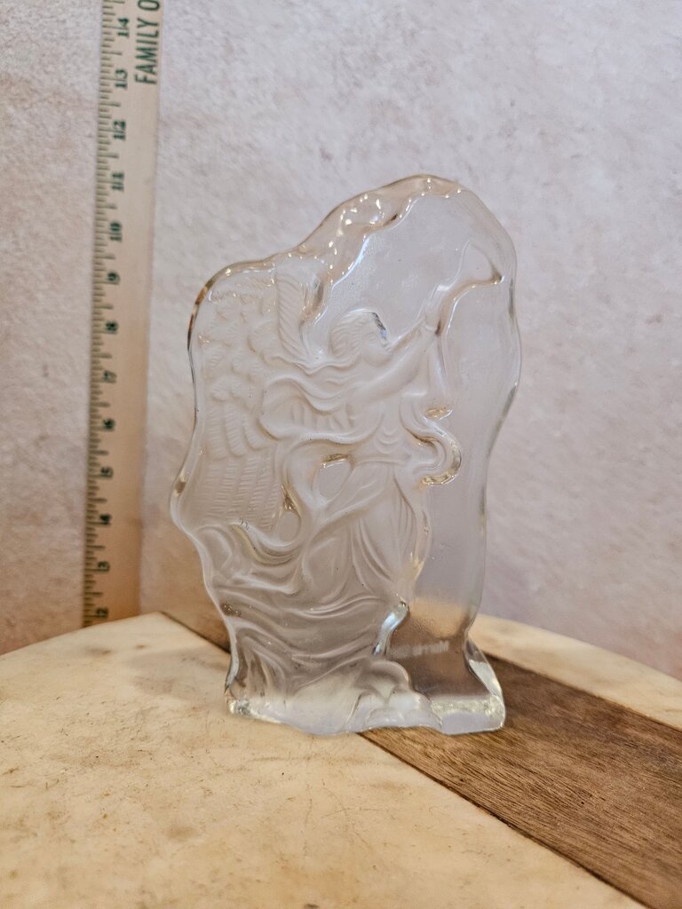 Morris Cerullo Flat Clear Crystal Art Glass Paperweight Sculpture Etched Clear & Frosted Angel