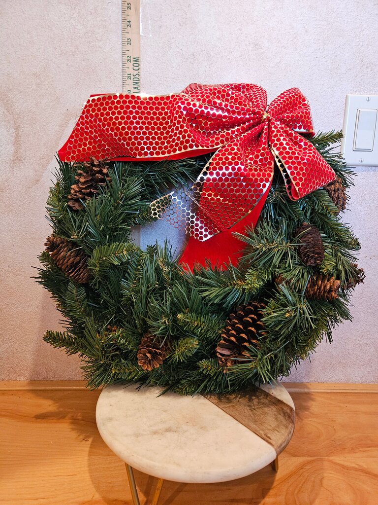 faux Christmas Decorative Wreath w Red Bow & Pine Cones Door Holiday Decor