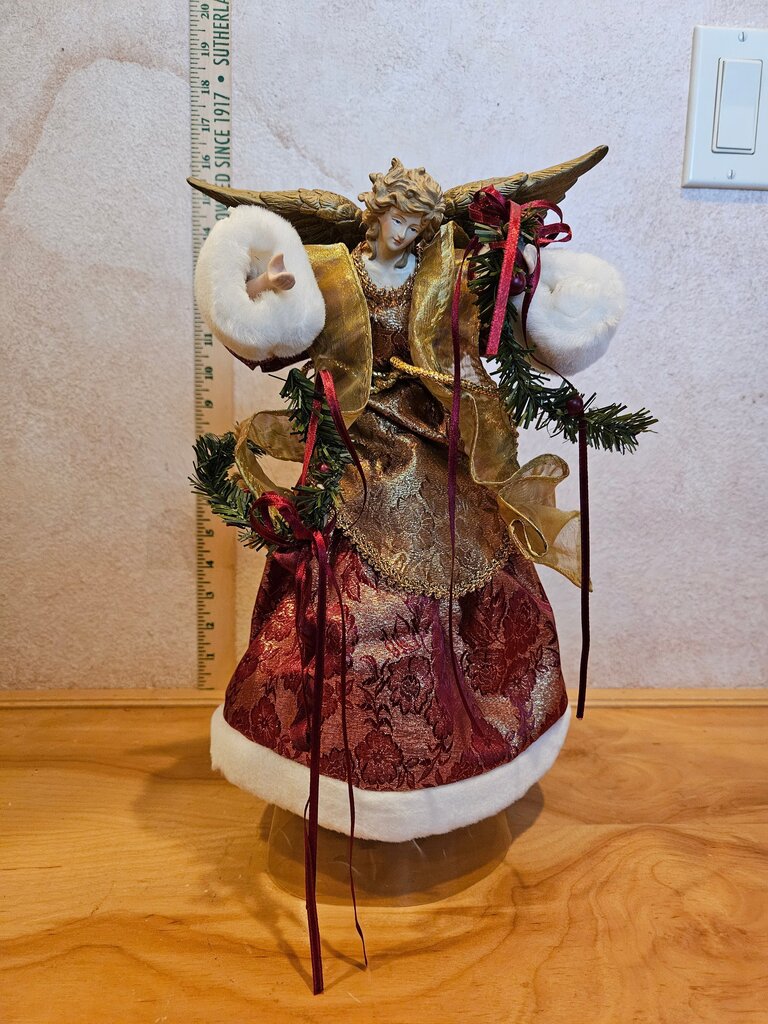 Vintage Angel Christmas Tree Topper w porcelain Head & Arms Red/Gold Dress trimmed white faux fur w Gold Wings