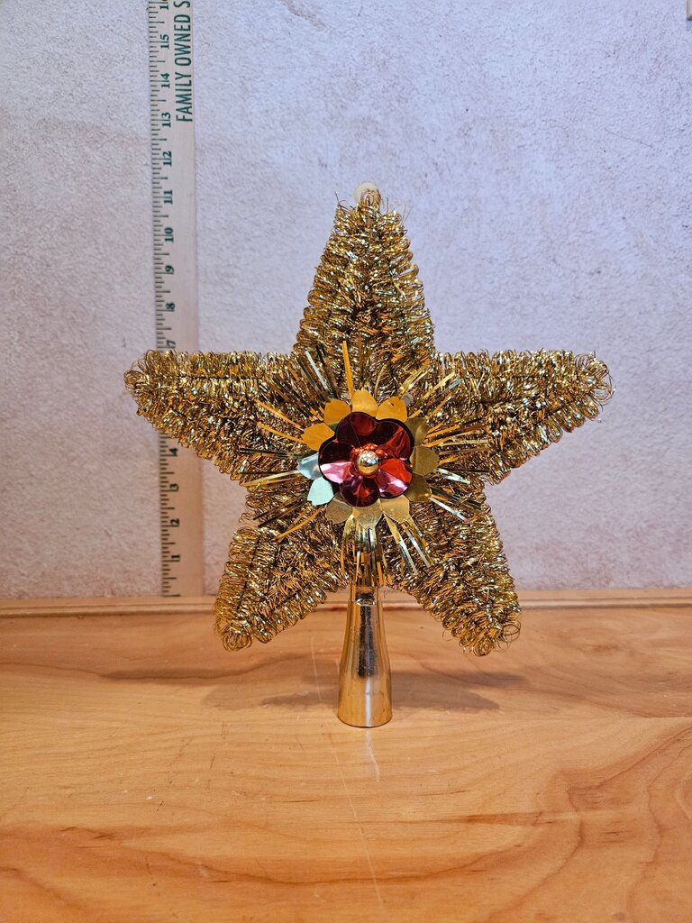 Vintage Blingy Metallic Sparkle Tinsel Twist Garland Gold & Red centered Star Christmas Tree Topper