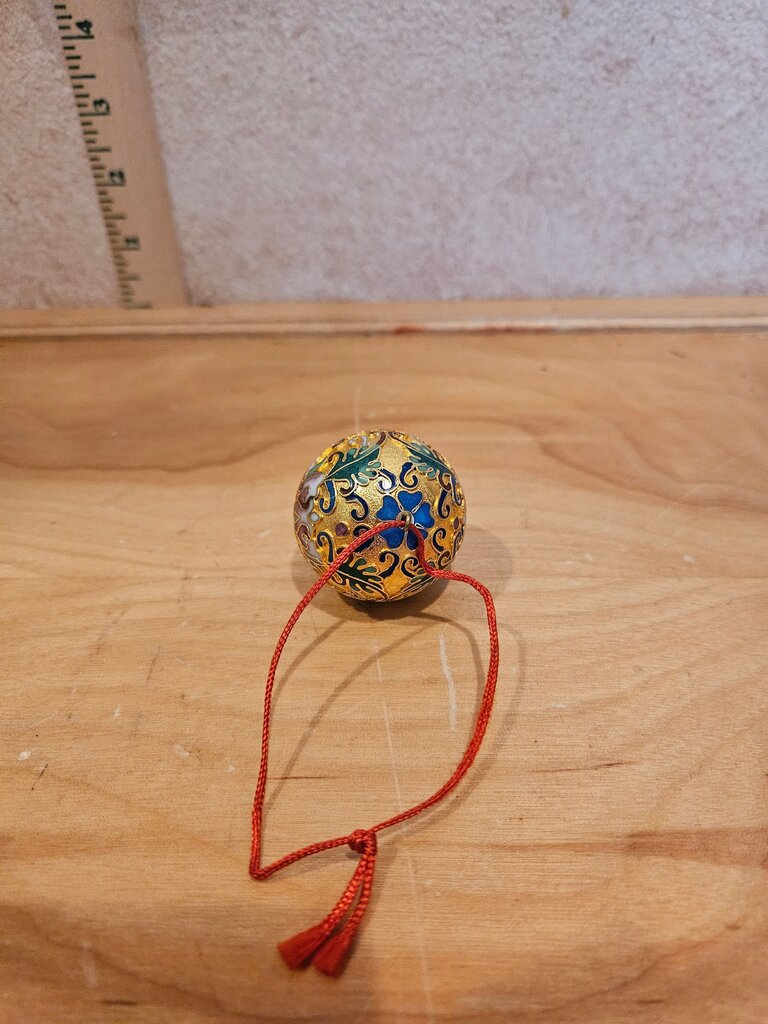 Ornate Decorative Cloisonne Gold Christmas Tree Ornament w Red Ribbon Sphere
