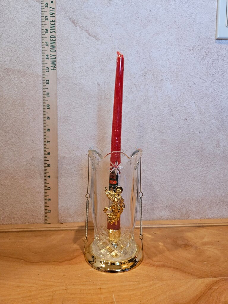 Vintage Angel Motif Regency Gold Tone Christmas Candle Holders W brass base Hurricane Glass Shade MCM