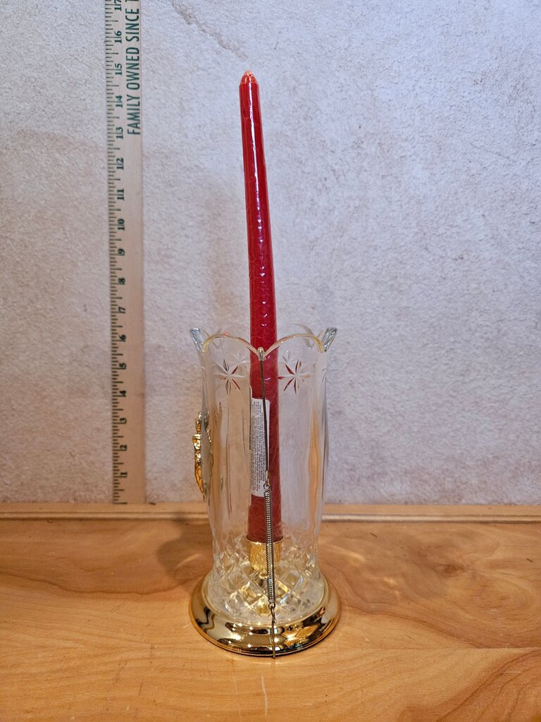 Vintage Angel Motif Regency Gold Tone Christmas Candle Holders W brass base Hurricane Glass Shade MCM