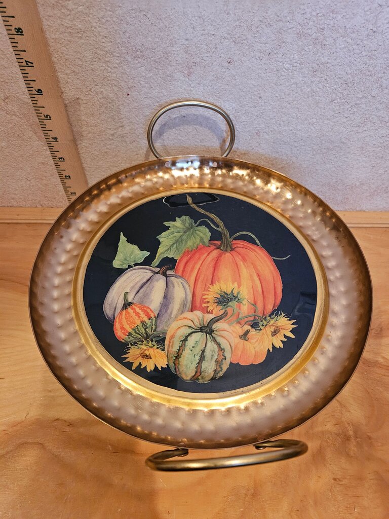 Autumn Harvest Hammered Copper Like Metal Serving Platter Tray W Double Handles Handles Cloche base Table decor
