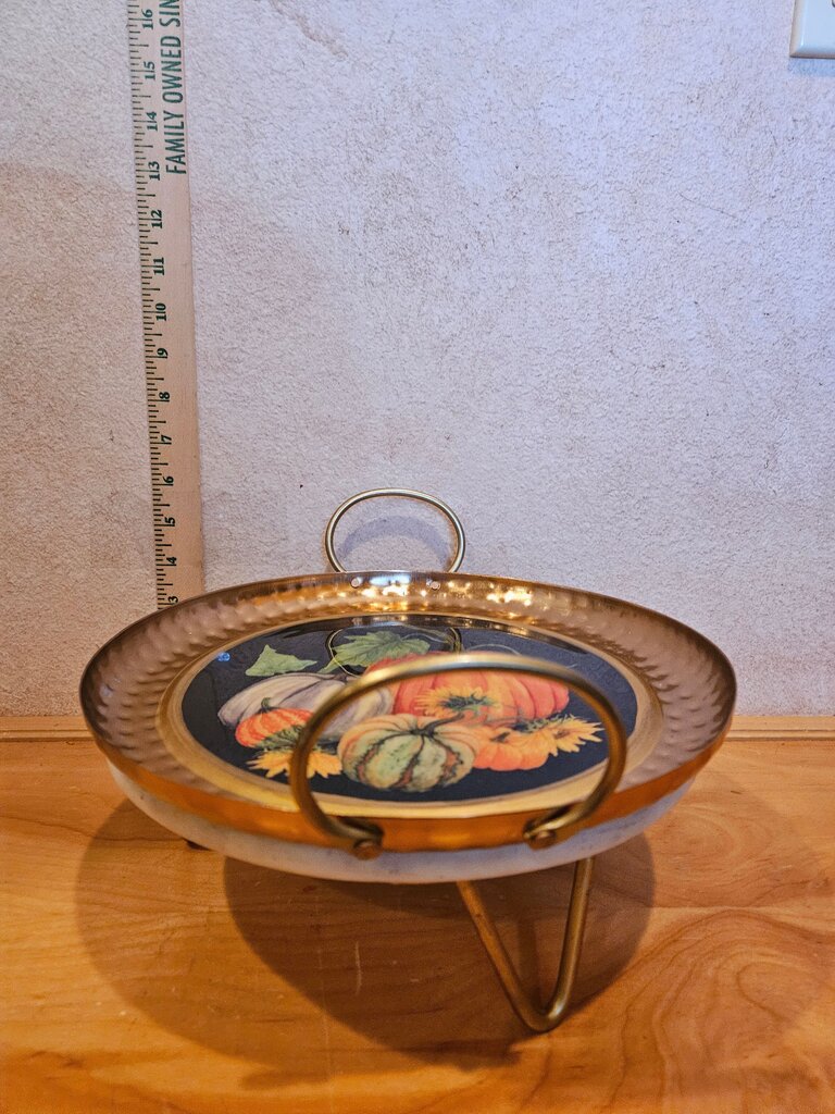 Autumn Harvest Hammered Copper Like Metal Serving Platter Tray W Double Handles Handles Cloche base Table decor