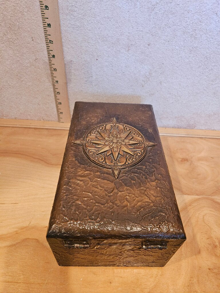 Rare, Vintage Wood Desktop Tray file box, Decorative Organizer w Compass Design, Unique leather like covering old world design