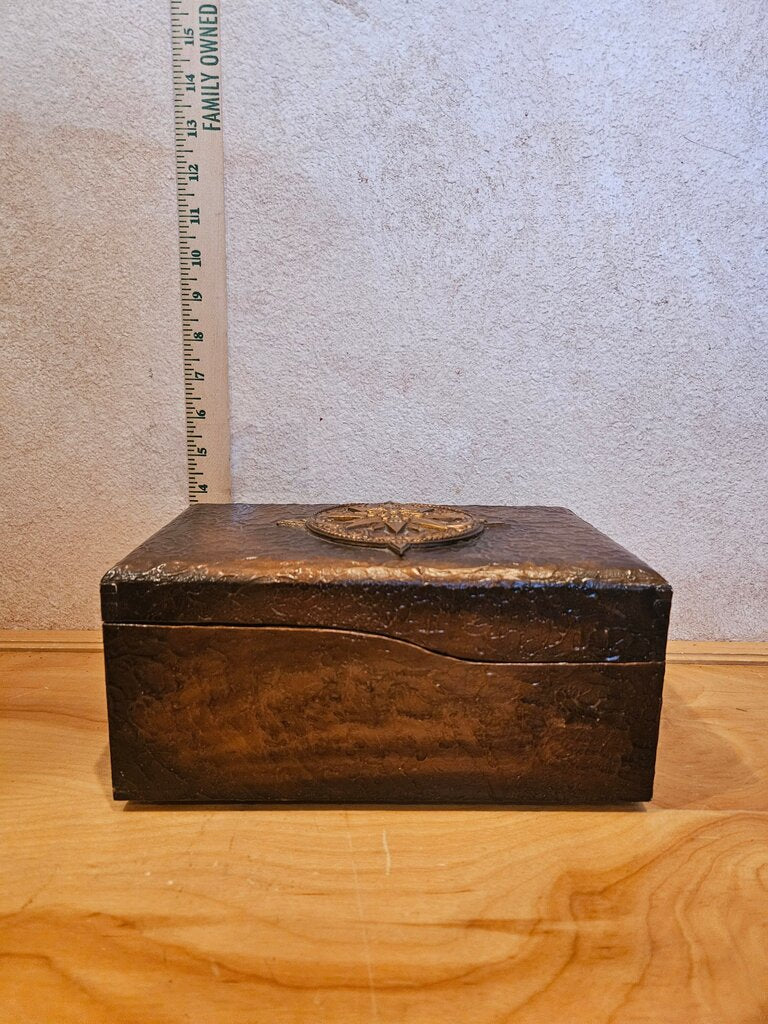 Rare, Vintage Wood Desktop Tray file box, Decorative Organizer w Compass Design, Unique leather like covering old world design