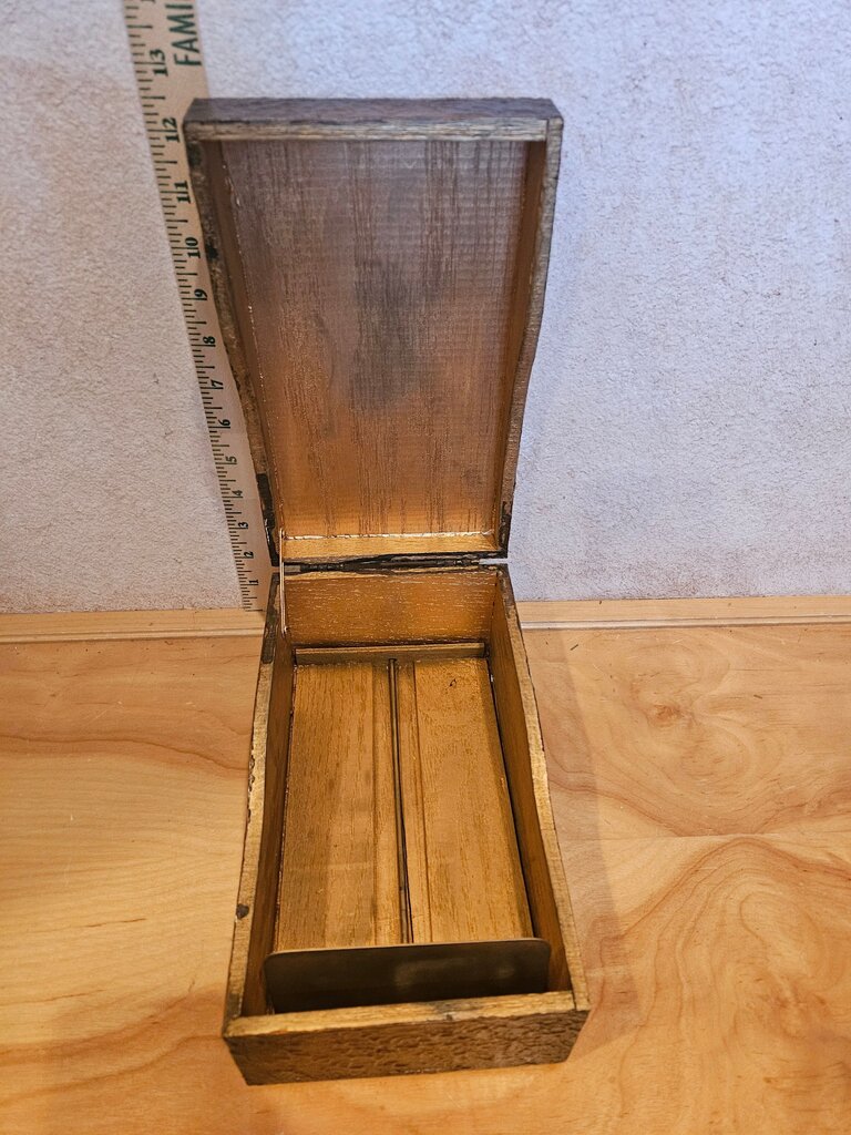 Rare, Vintage Wood Desktop Tray file box, Decorative Organizer w Compass Design, Unique leather like covering old world design
