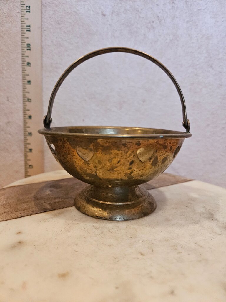 Decorative Vintage Brass Bowl w Handle, Footed Trinket Dish Basket w Heart Cutouts Valentines, candy display