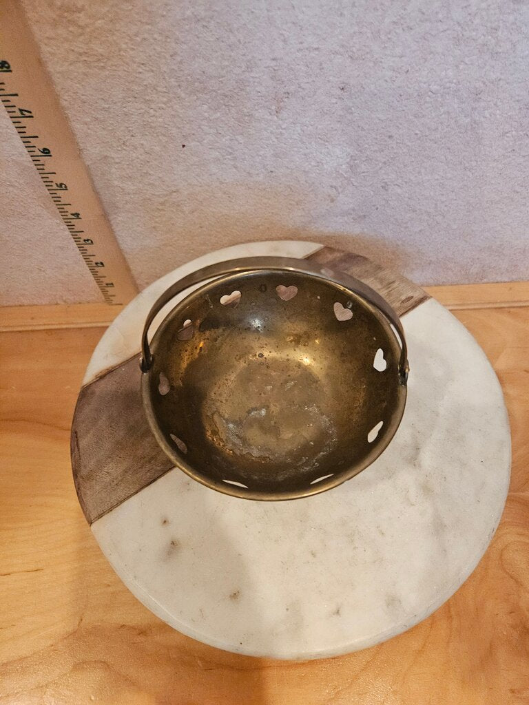 Decorative Vintage Brass Bowl w Handle, Footed Trinket Dish Basket w Heart Cutouts Valentines, candy display