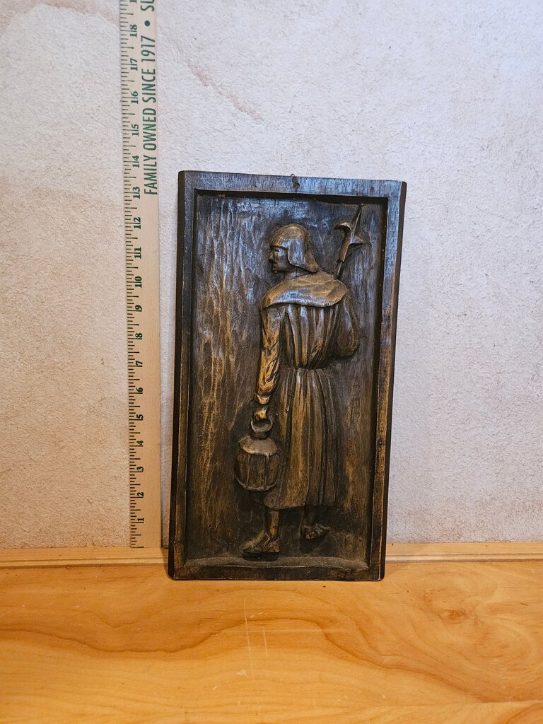 Brutalist Carved Light Wood Wall Relief Plaque Panel Probably of Catholic Saint or Antique Knight, Rare