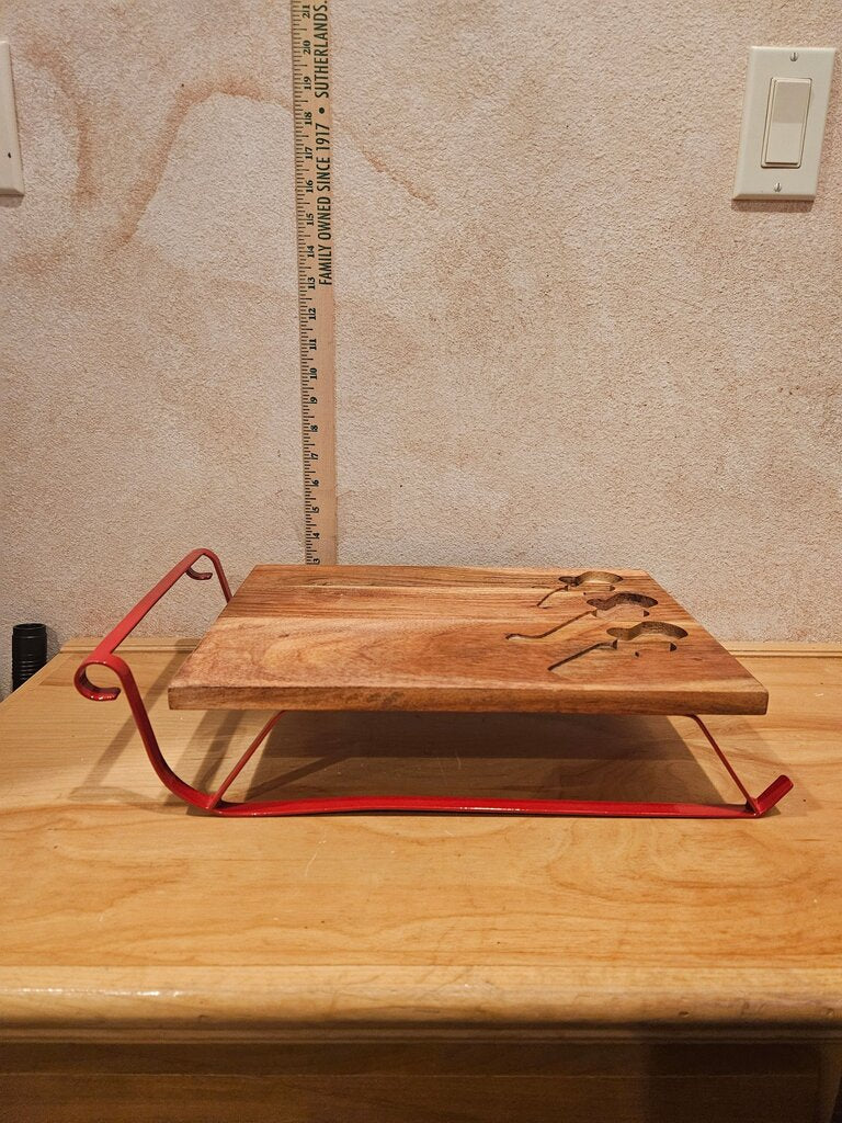 Acacia Wood Sleigh Shaped Cheese Board Wooden Charcutier Serving Tray on Red Metal Stand Christmas decor riser