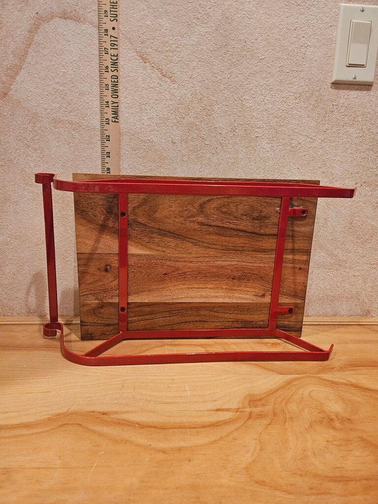Acacia Wood Sleigh Shaped Cheese Board Wooden Charcutier Serving Tray on Red Metal Stand Christmas decor riser