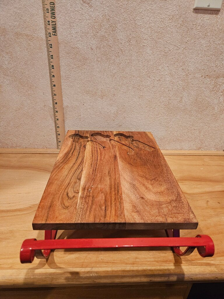 Acacia Wood Sleigh Shaped Cheese Board Wooden Charcutier Serving Tray on Red Metal Stand Christmas decor riser