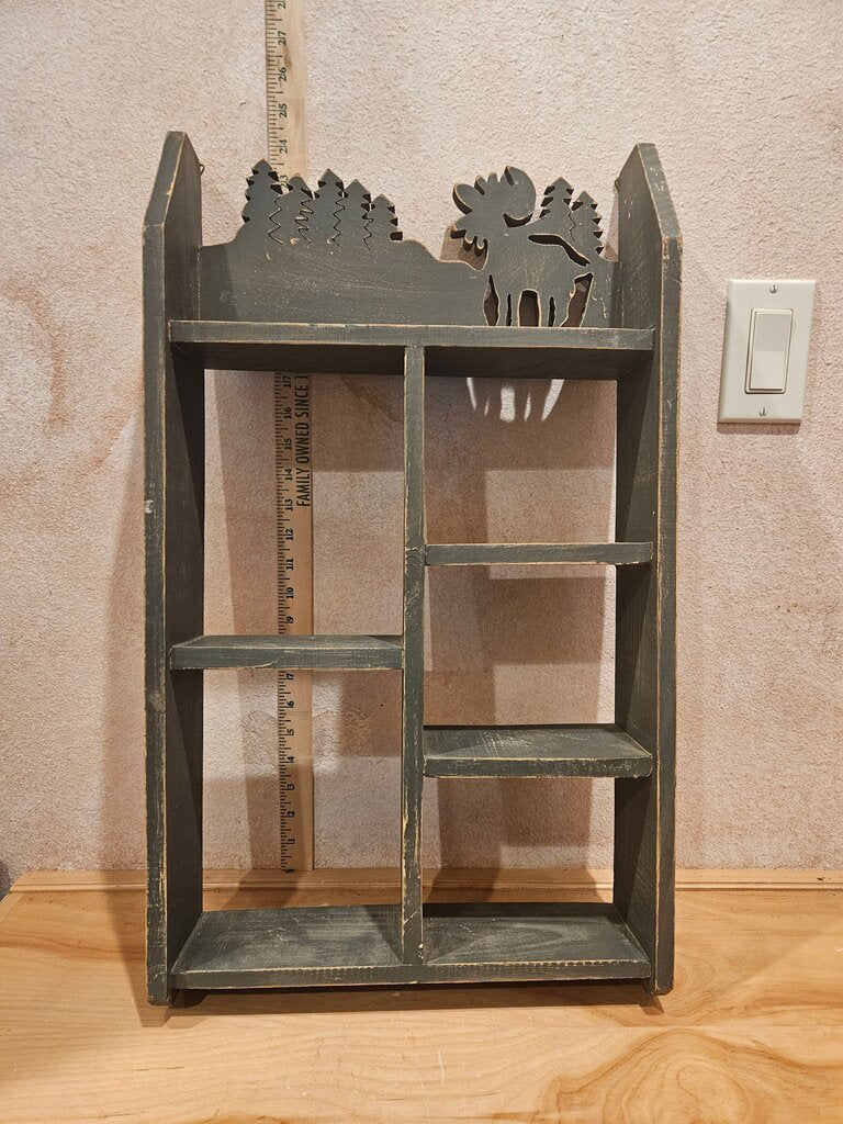 Rustic Vintage Wood Wall Hanging Shelf Display Trinket Knick Knack rustic moose trees green chippy farmhouse decor