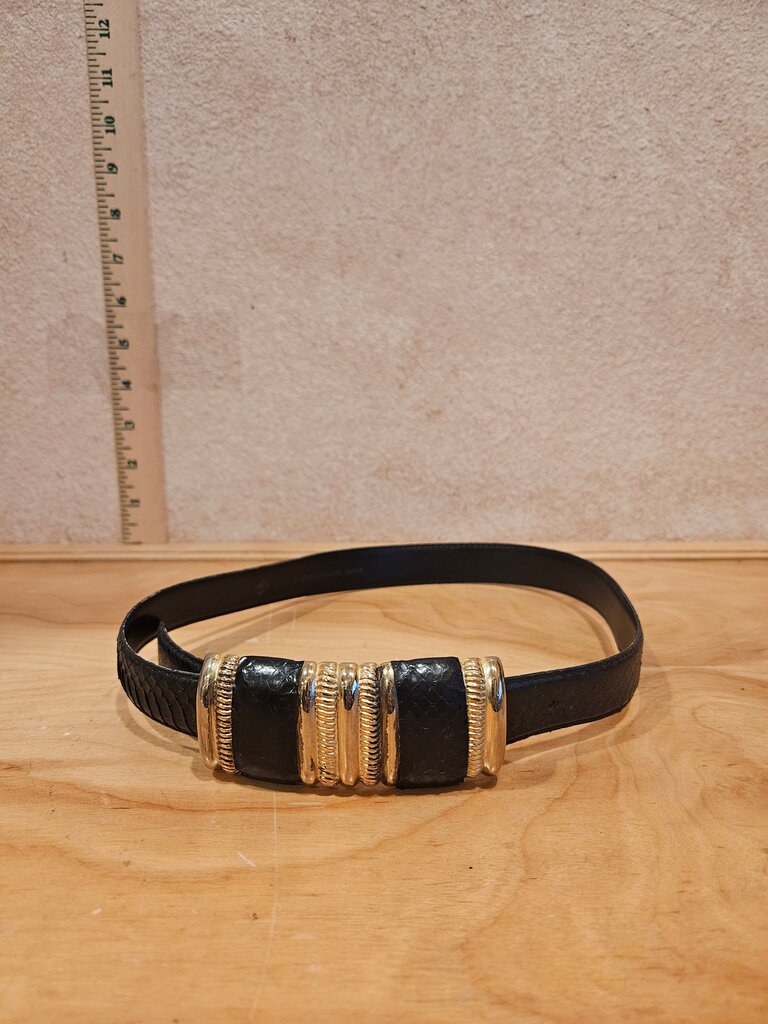 Vintage Black Leather Belt with Gold Accents
