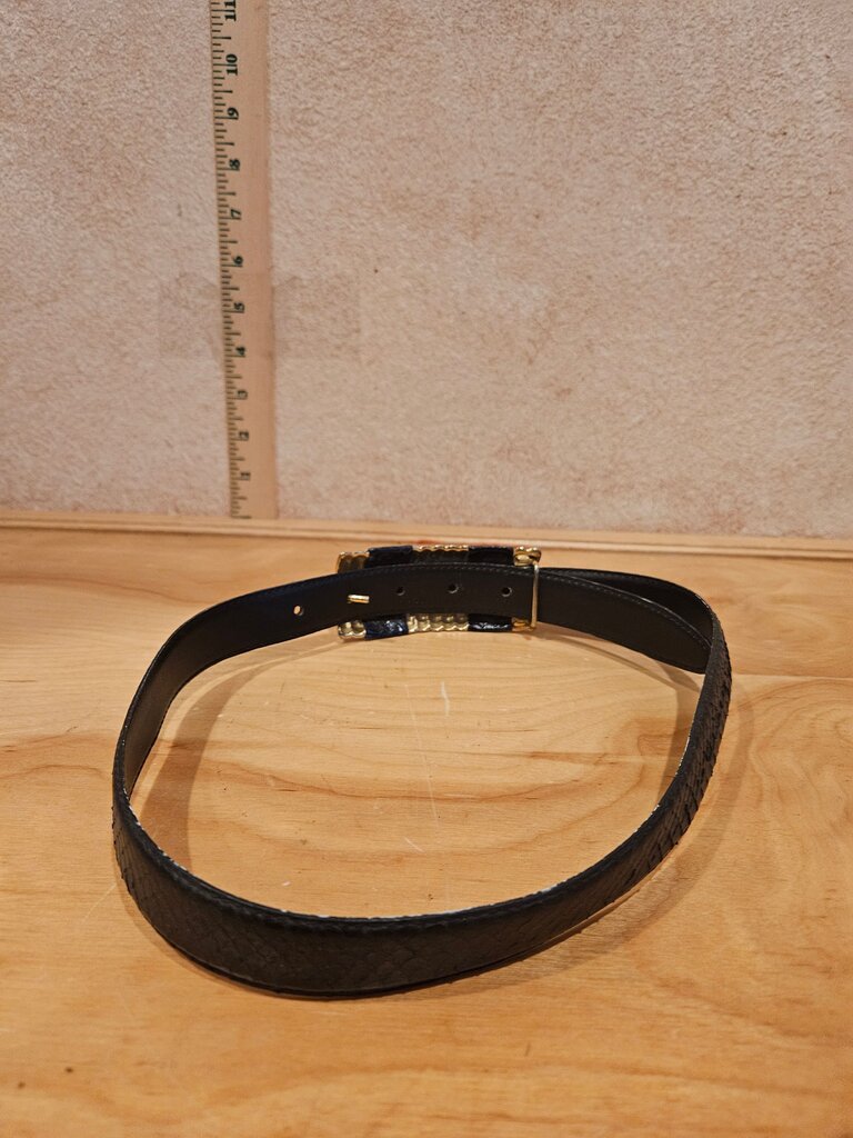 Vintage Black Leather Belt with Gold Accents