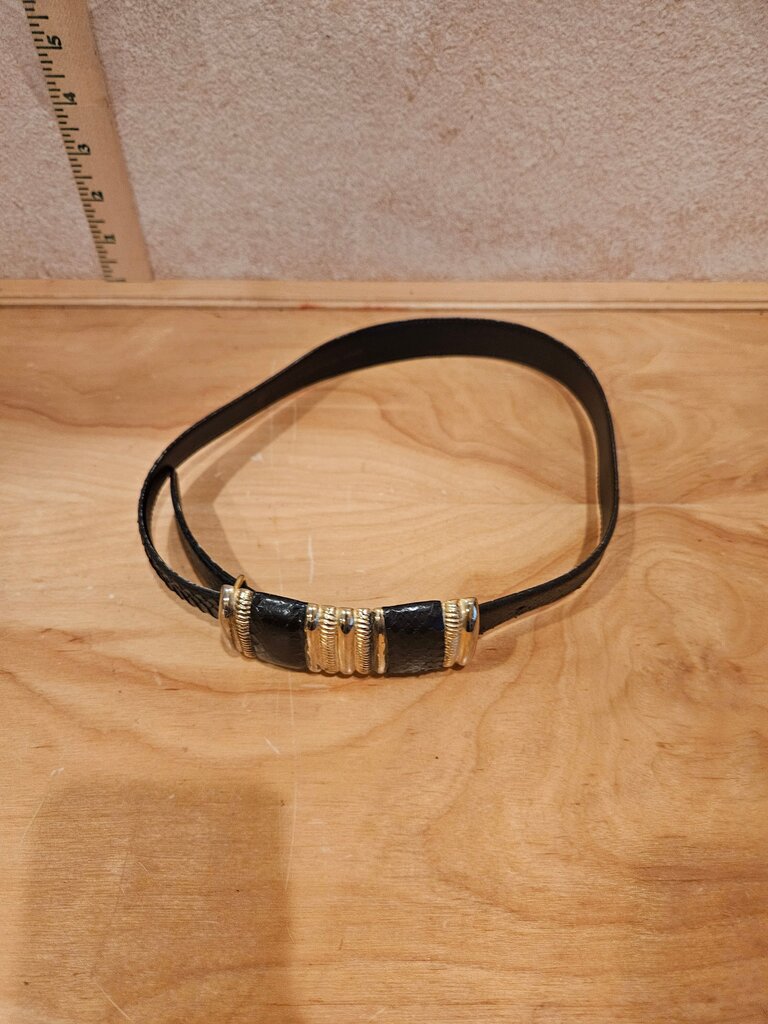 Vintage Black Leather Belt with Gold Accents