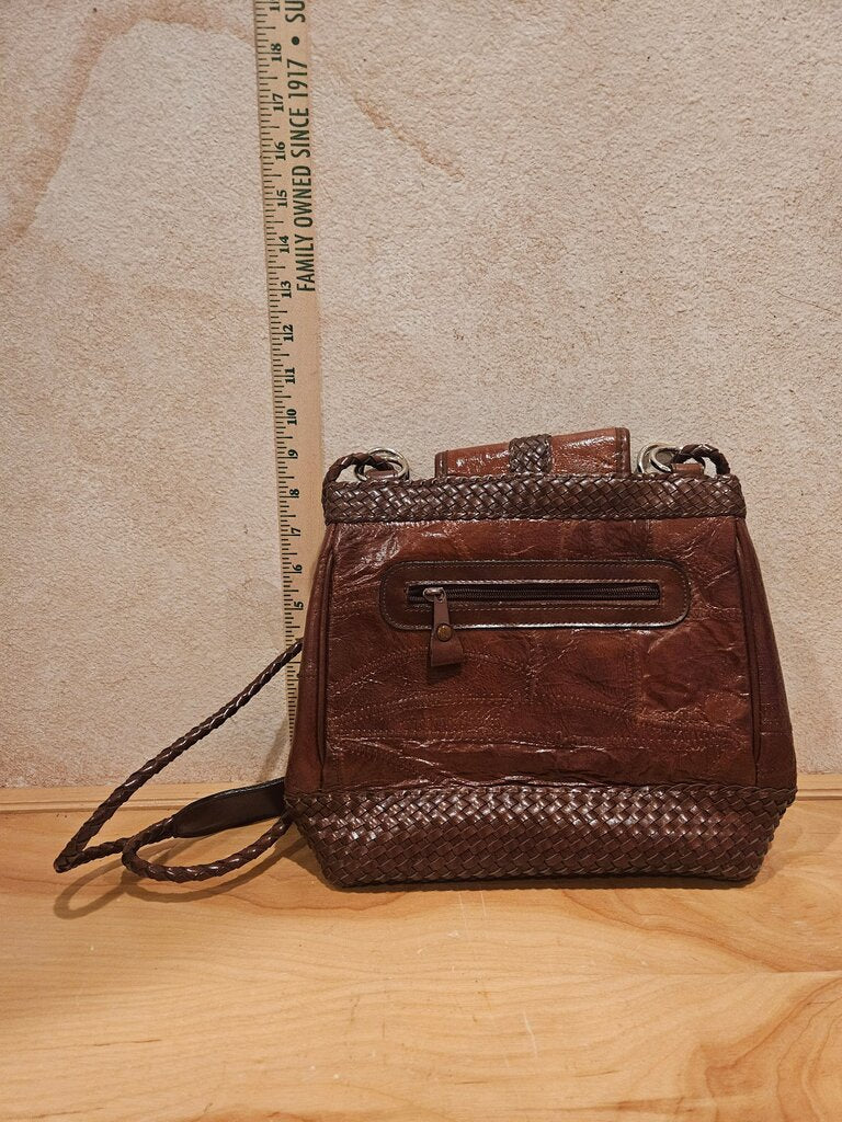 NEW M.C. Women's Brown Patchwork Faux Leather Bag W Braided Straps & Bottom Brown Handbag NWT Boho, festival, elegant country western