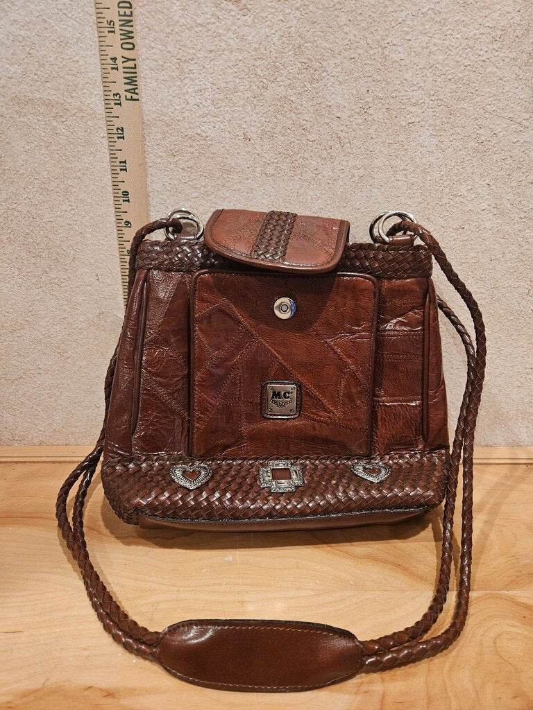 NEW M.C. Women's Brown Patchwork Faux Leather Bag W Braided Straps & Bottom Brown Handbag NWT Boho, festival, elegant country western
