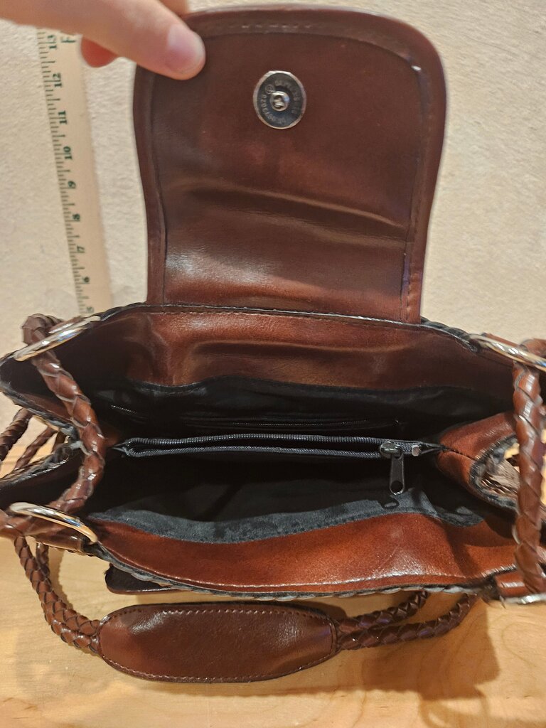 NEW M.C. Women's Brown Patchwork Faux Leather Bag W Braided Straps & Bottom Brown Handbag NWT Boho, festival, elegant country western