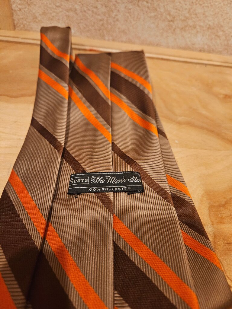 Vintage Sears Classic The Men's Star Necktie Tie Polyester Brown & Orange Stripe