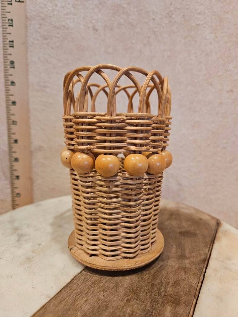 Vintage Handmade Woven Ratan style Wooden Pencil Holder Desk Storage Basket w Beaded Trim