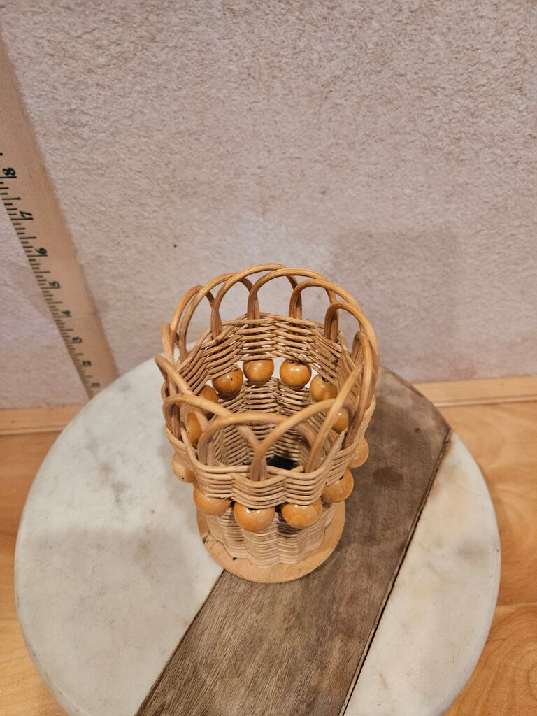 Vintage Handmade Woven Ratan style Wooden Pencil Holder Desk Storage Basket w Beaded Trim