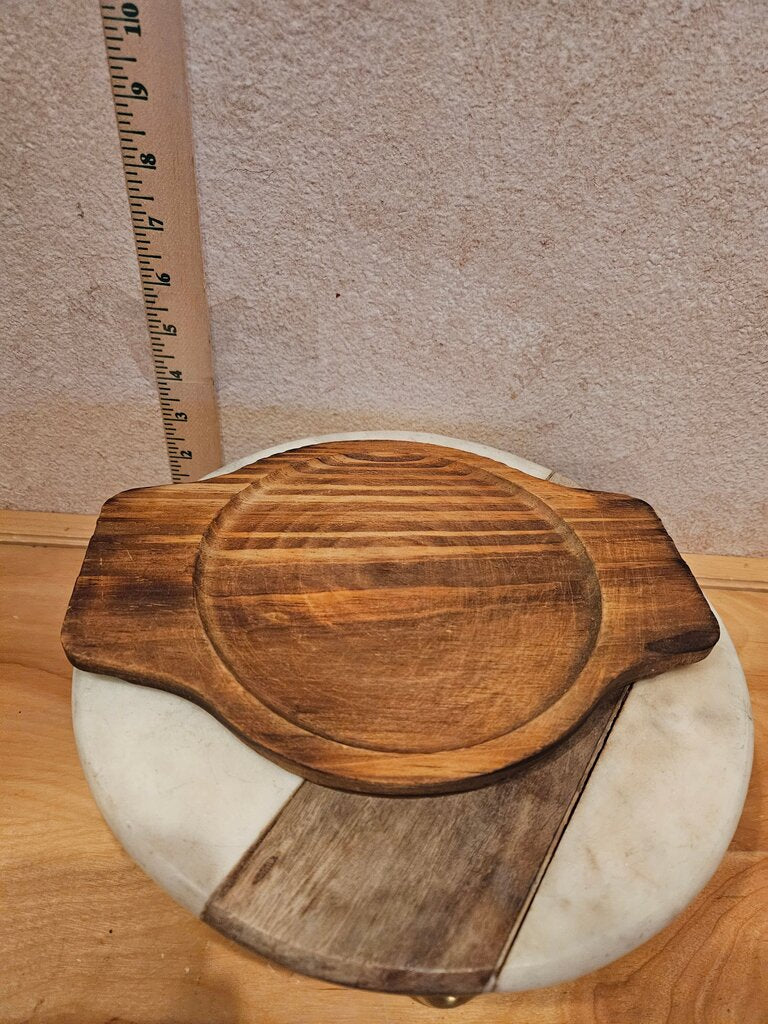 Round Wooden Cheese pastery display serving charcuterie Board w Handles cloche base table scene decor