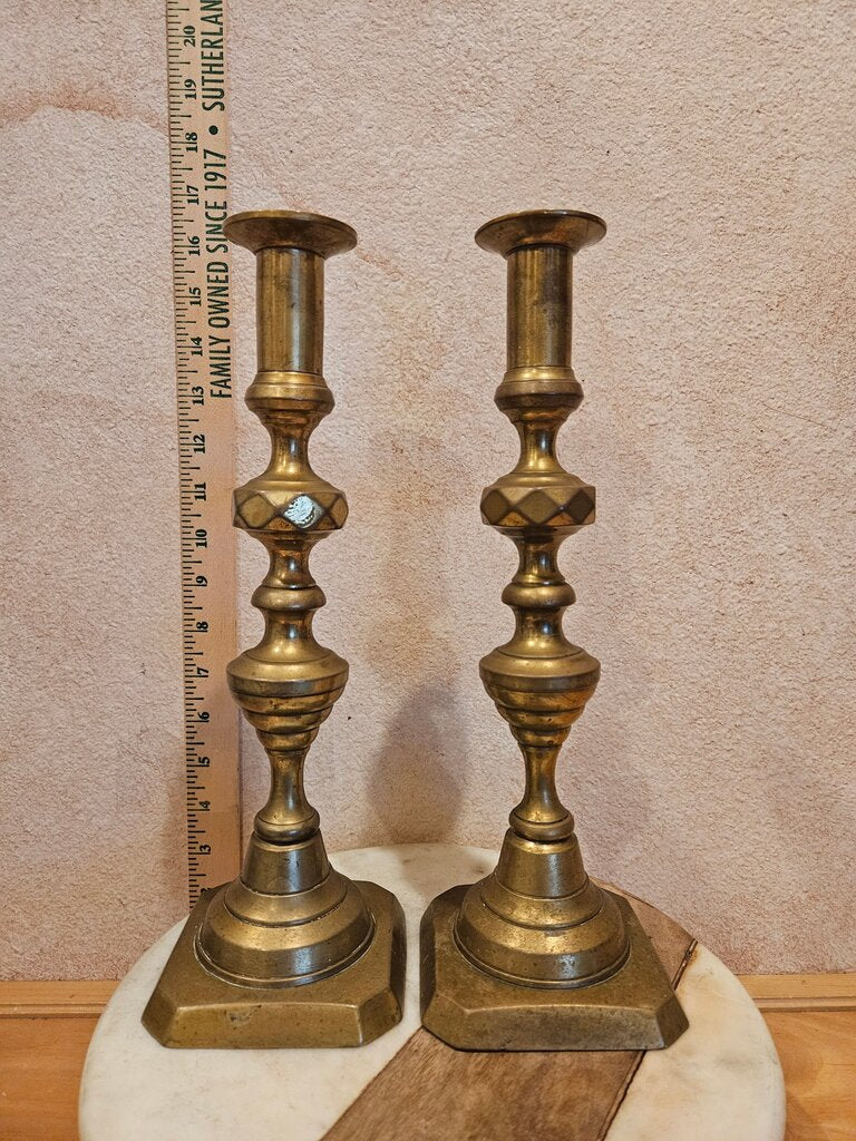 Vintage Pair of Victorian Style Brass Candlesticks, Candle Holders, MCM Hollywood Regency Beehive accents