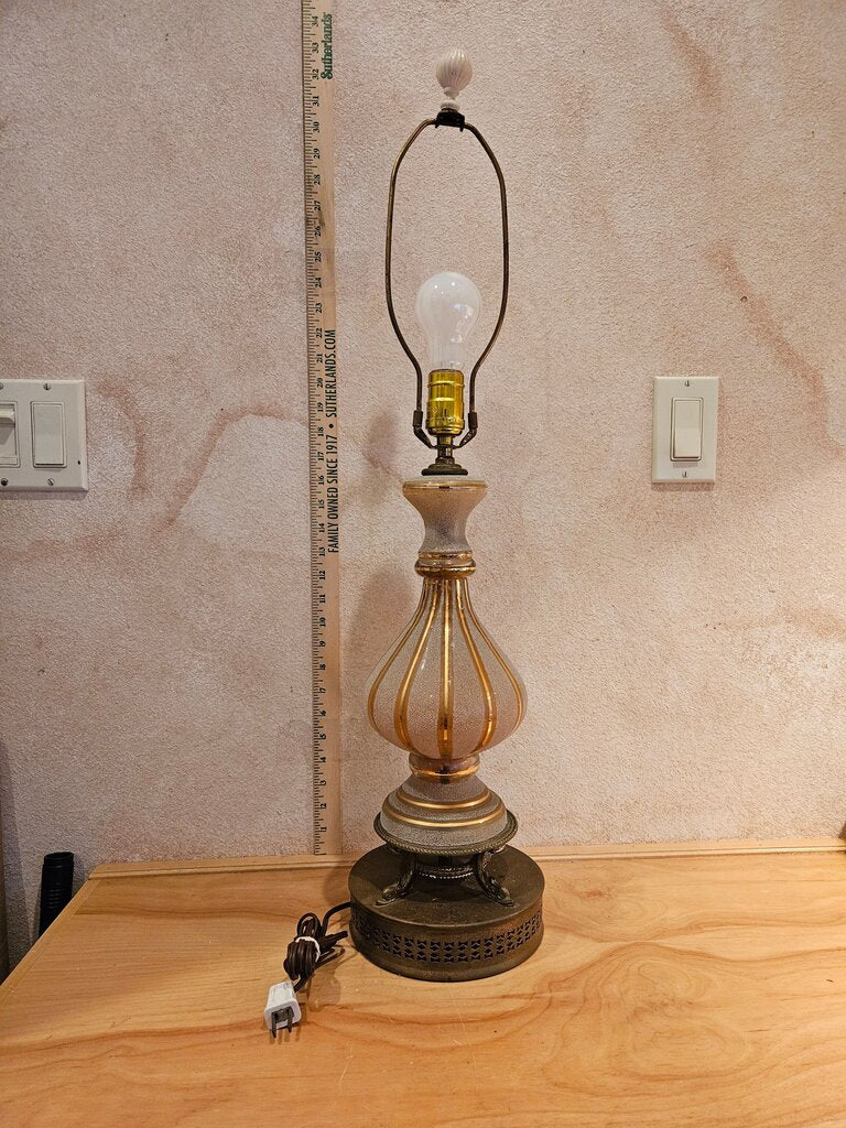 Vintage Hollywood Regency Style Table Lamp w handblown Blown Opelecent with Gold Gilt Trim Glass & Ornate Punched Filigree Brass