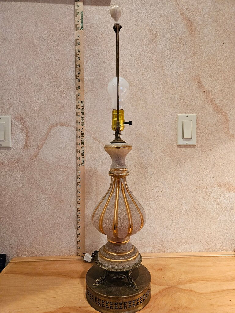 Vintage Hollywood Regency Style Table Lamp w handblown Blown Opelecent with Gold Gilt Trim Glass & Ornate Punched Filigree Brass