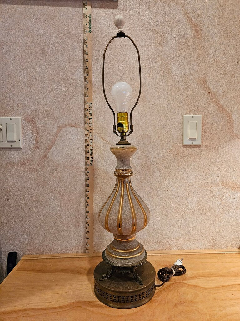 Vintage Hollywood Regency Style Table Lamp w handblown Blown Opelecent with Gold Gilt Trim Glass & Ornate Punched Filigree Brass