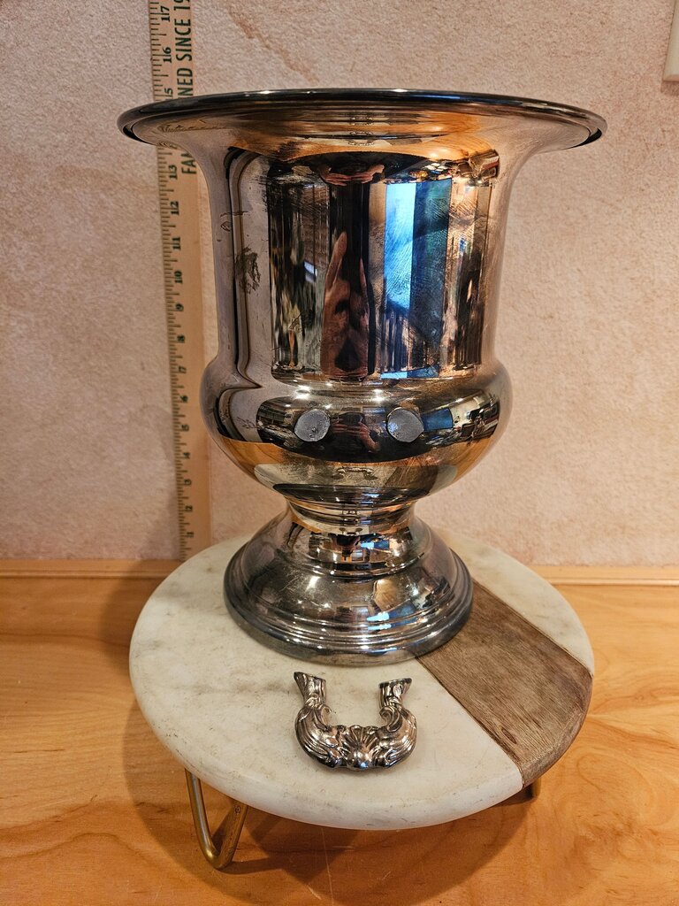 Silver Plate AS IS Champagne Ice Bucket Urn w Handles | Regency Style Wine Chiller | Large Silver Trophy Pedestal Vase Christmas tree base