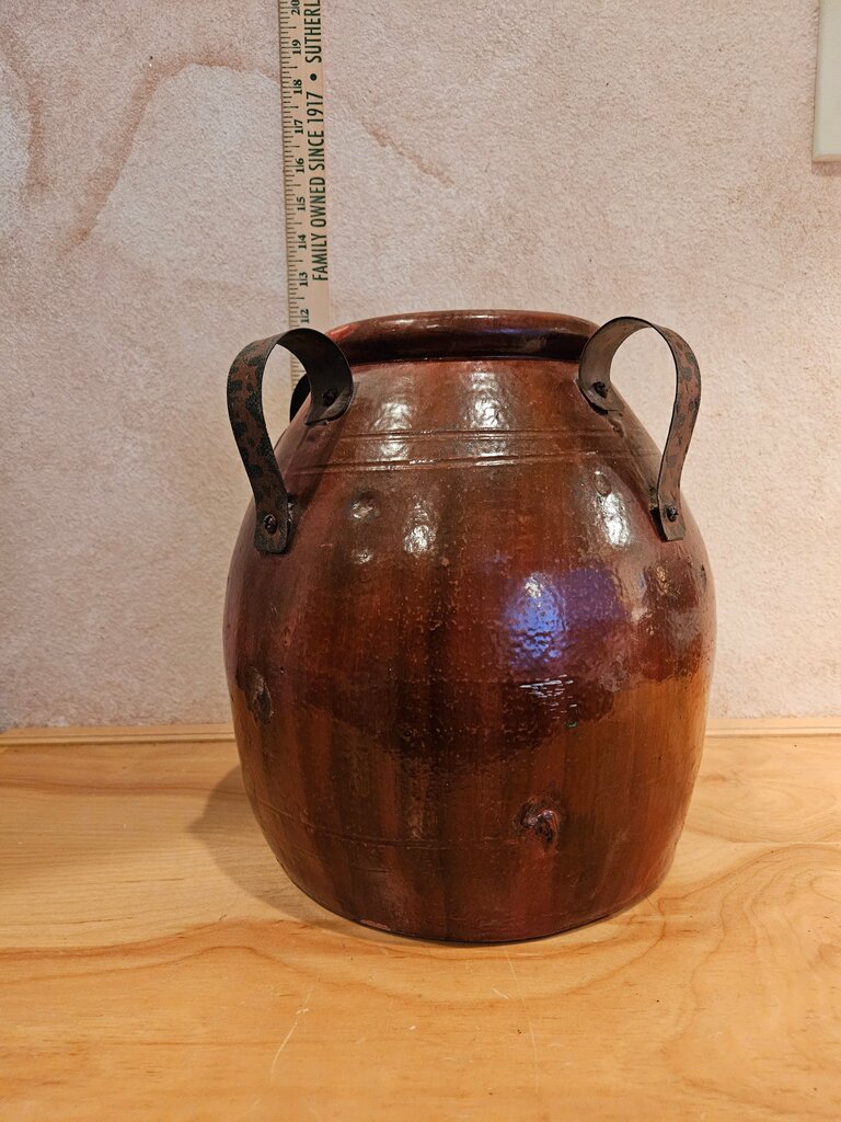 Vintage Turkish Terracotta Vase crock pot bean pot - Vng Pottery Clay Pot w Metal Handles