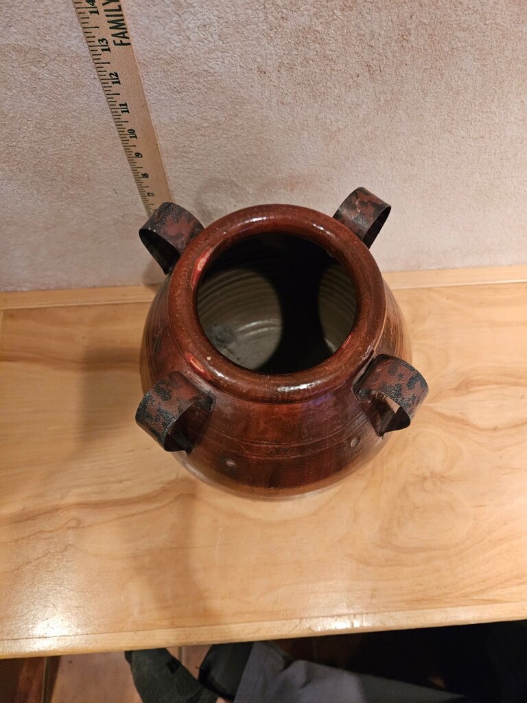 Vintage Turkish Terracotta Vase crock pot bean pot - Vng Pottery Clay Pot w Metal Handles