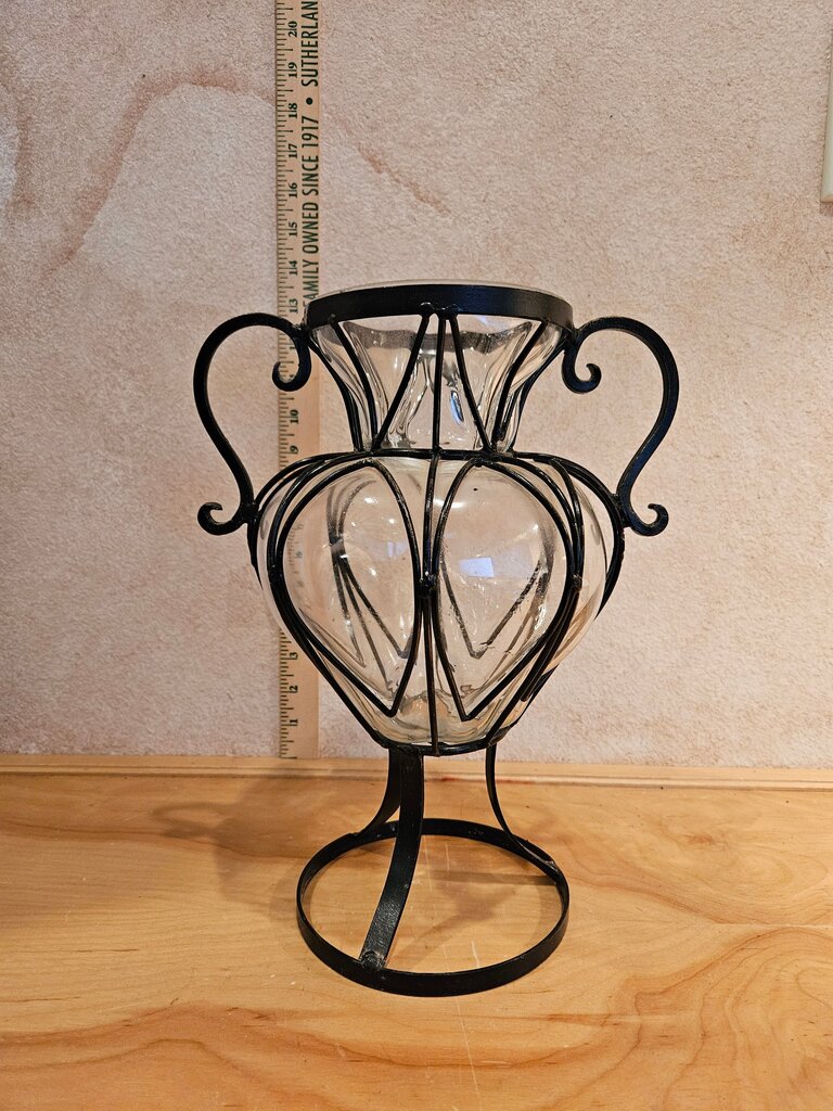 Vintage Wrought Iron & Caged Handblown Bubble Glass Venetian Style Vase w double handles