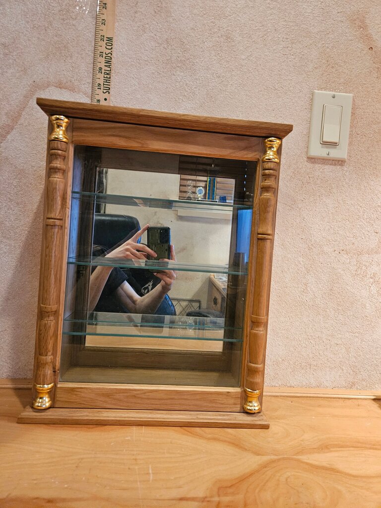 New Oak Wood w Glass Door Wall & Mirrored Back Hanging Display Curio nick nack Cabinet w Three (3) Glass Shelves