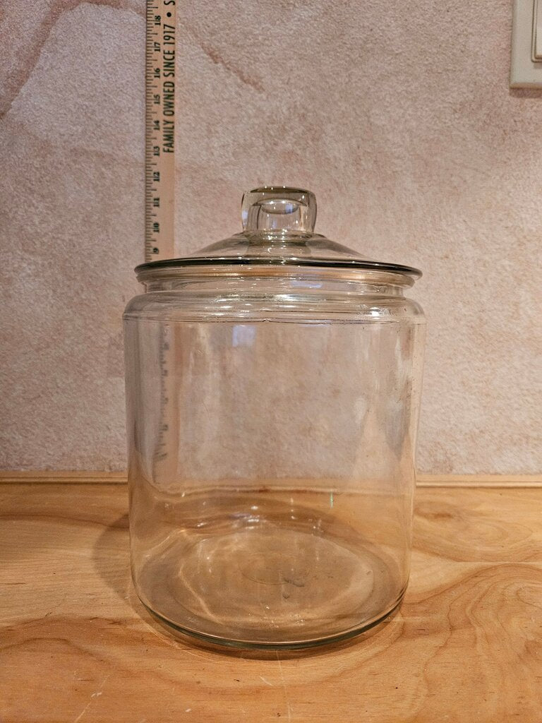 Vintage Wide Mouth Thick Glass General Store Cookie / Candy Jar w/ Lid scene displays christmas, holiday, Plant Terrarium, collections etc