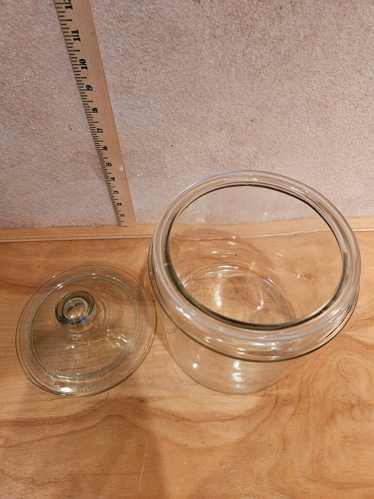 Vintage Wide Mouth Thick Glass General Store Cookie / Candy Jar w/ Lid scene displays christmas, holiday, Plant Terrarium, collections etc