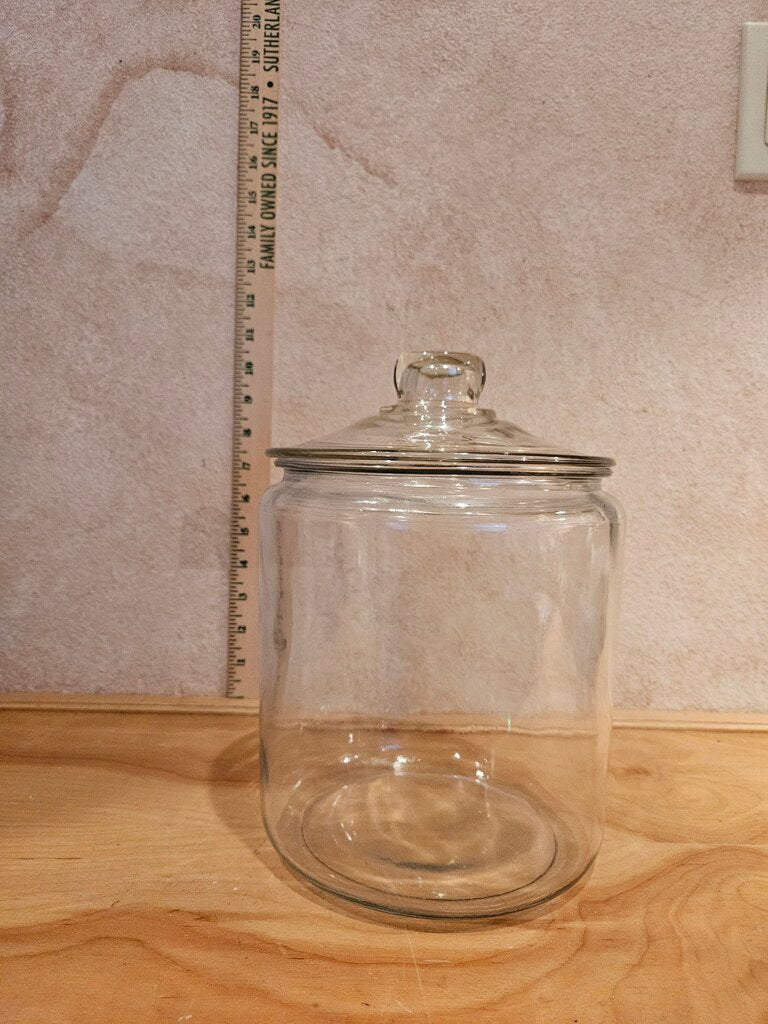 Vintage Wide Mouth Thick Glass General Store Cookie / Candy Jar w/ Lid scene displays christmas, holiday, Plant Terrarium, collections etc