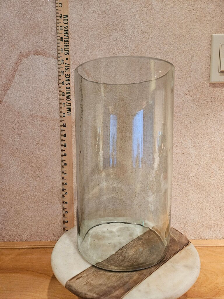Vintage x large 12" tall, 6.5" wide cylindrical Hand Blown Chimney heavy clear w greenish hint glass vessel Cylinder open Terrarium