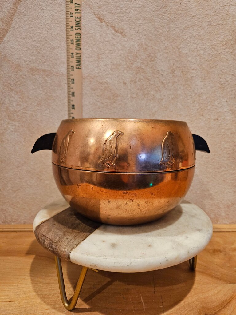 Vintage Insulated Copper w Penguin Motif Cold Server Ice Bucket Bakelite w Handles & Lid MCM