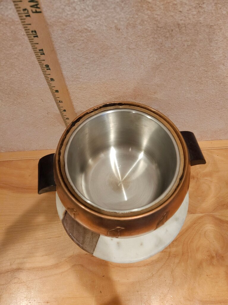 Vintage Insulated Copper w Penguin Motif Cold Server Ice Bucket Bakelite w Handles & Lid MCM