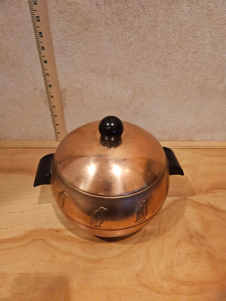 Vintage Insulated Copper w Penguin Motif Cold Server Ice Bucket Bakelite w Handles & Lid MCM