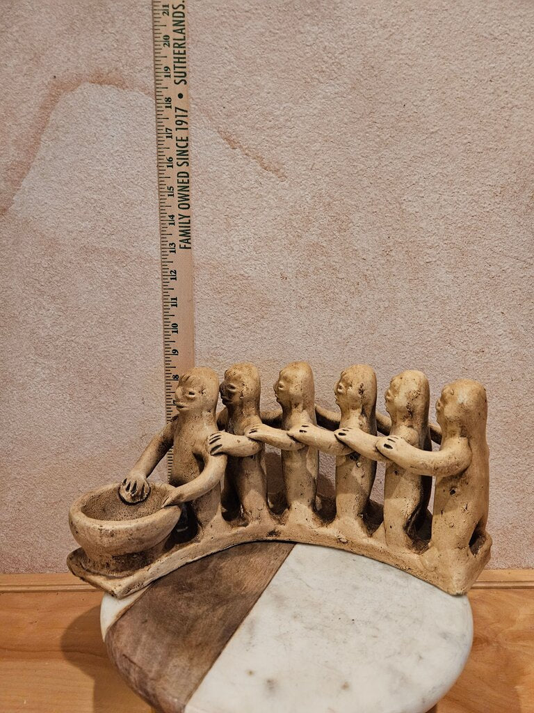 Mexican Folk Art Ceramic Sculpture of Six Figures Decoration/Aztec/Mayan candle holder, Pre-Columbian style in beige terracotta representing a semi-circle